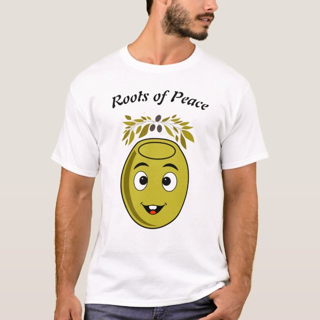 Camiseta de olivo sonriente con texto "Raíces de P (Anverso)