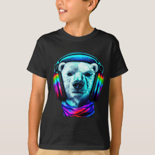 Camiseta de oso polar con auriculares de arcoíris