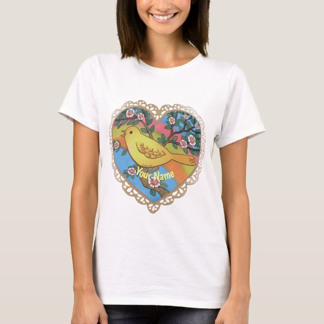 Camiseta de pájaro amarillo corazón (Anverso)