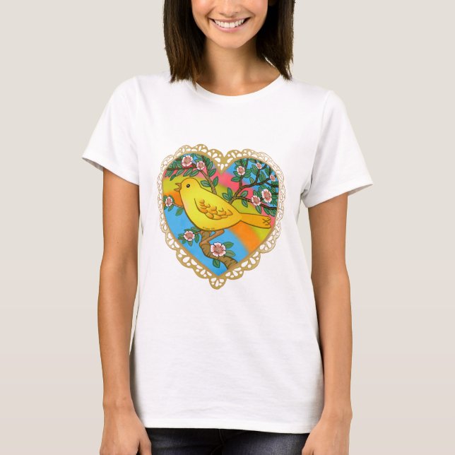 Camiseta de pájaro amarillo del corazón (Anverso)