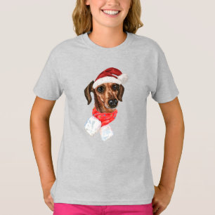 Camiseta de perro dachshund con sombrero de Santa 