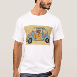 Camiseta de perro salchicha en coche hippie