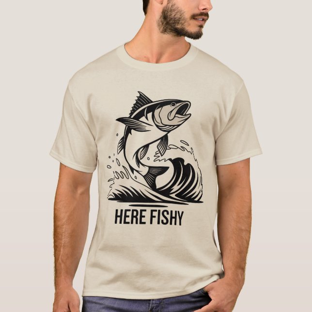 Camiseta de pescadores aquí-Fishy Gráfica graciosa (Anverso)