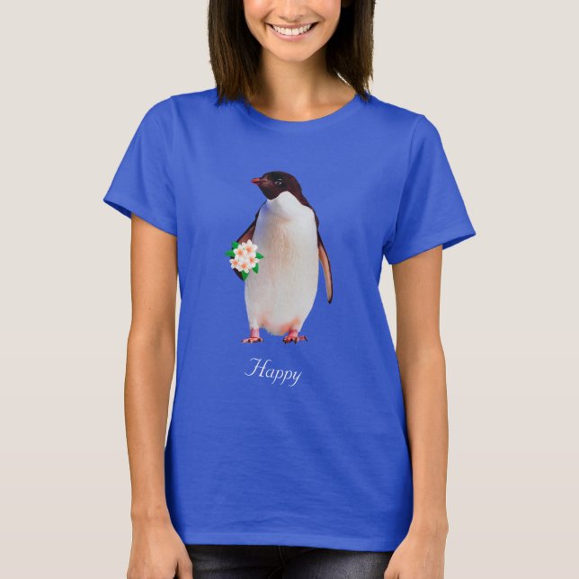 Camiseta de pingüino feliz sosteniendo flores (Anverso)