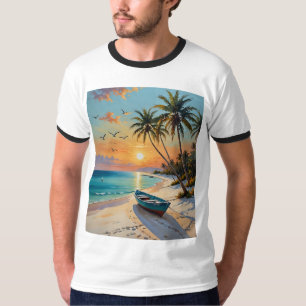 Camiseta de pintura tropical Sunset Rowboat Beach