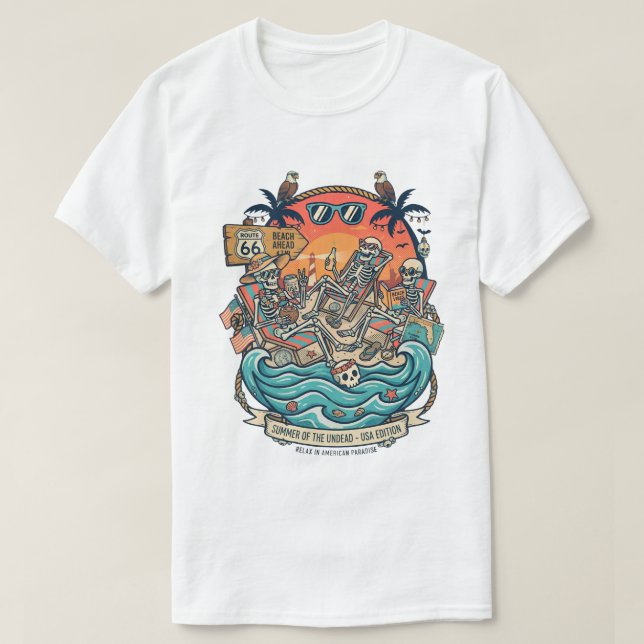 Camiseta de Playa de Esqueleto del Verano de los M (Diseño del anverso)