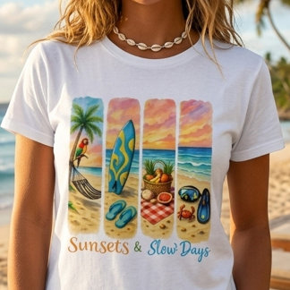 Camiseta de playa tropical 'Atardeceres y días len