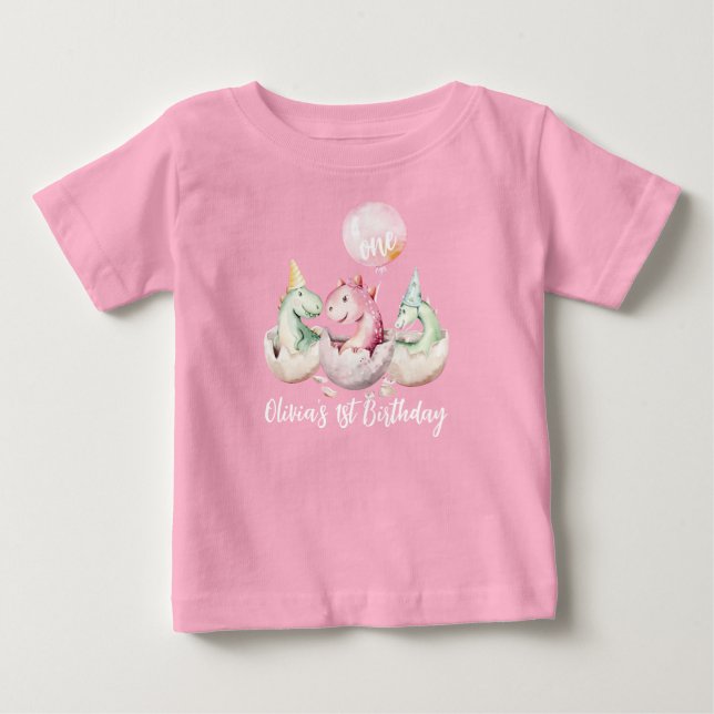 Camiseta de primer cumpleaños de Dinosaurio Rosado (Anverso)