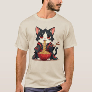 Camiseta de Ramen de Gato Samurái - Tee Gráfico Vi