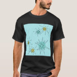 Camiseta de Robin's Egg Blue Atomic Starburst<br><div class="desc">Este modelo de camiseta de la Icónica Atómica Starburst de estilo Robin, azul Egg, presenta estallidos atómicos icónicos. ¡Así es! La vieja escuela, el fondo de color azul óvulo de robin con especkles de oro, es el telón de fondo perfecto para los vibrantes círculos turquesa, apasionante apio y kitschy color...</div>