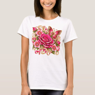 Camiseta de rosa de mariposa rosa brillante floral