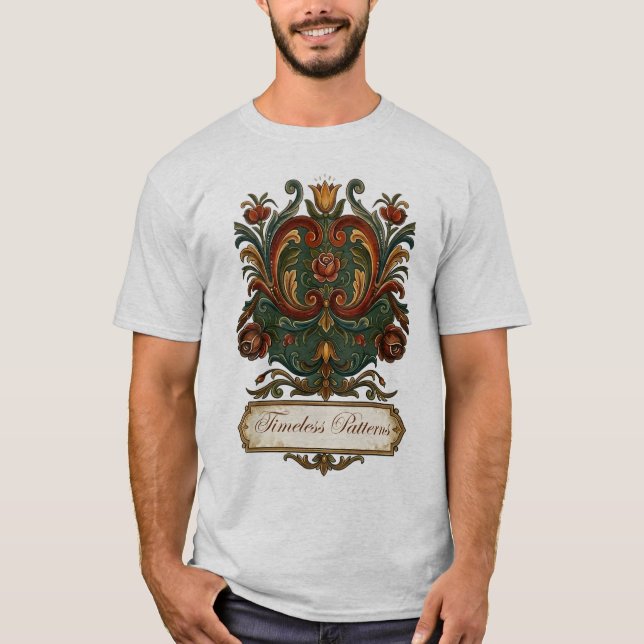 Camiseta de Rosemaling Noruego Atemporal: Una Lega (Anverso)