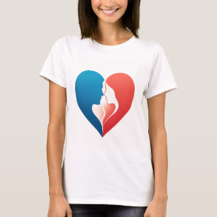 Camiseta de Silueta de Pareja Roja y Azul