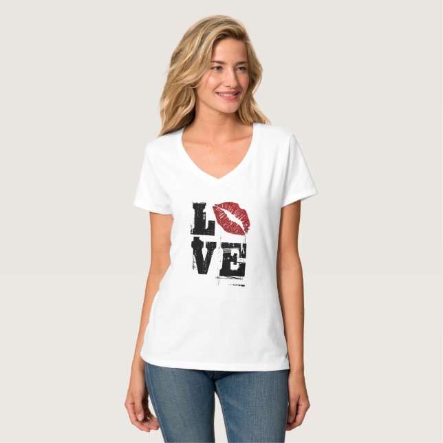 Camiseta de Slogan Lindo - Palabra Amor Labios Roj (Anverso completo)