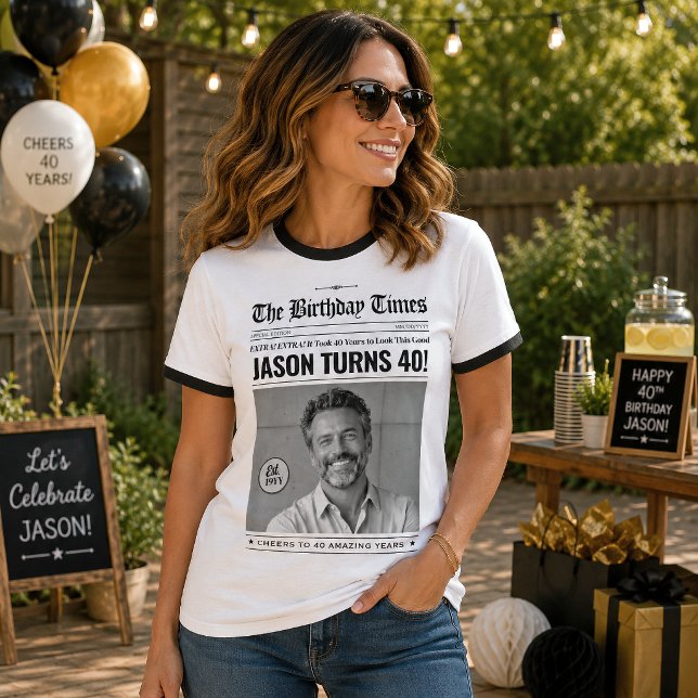 Camiseta de timbre de cumpleaños personalizada, pe (Custom Birthday Ringer T-Shirt, Vintage Newspaper T-Shirt)