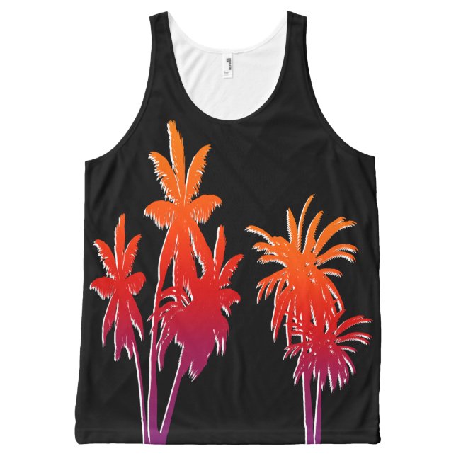 Camiseta De Tirantes Con Estampado Integral Negro anaranjado púrpura de las palmeras de la (Anverso)