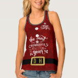 Camiseta De Tirantes Moda Santa Suit Merry Christmas Script Monograma<br><div class="desc">Diseño único con un Santa Suit, hebilla falsa de purpurina de oro, sobre un falso fondo purpurina rojo y copos de nieve. "La época más maravillosa del año y Feliz Navidad" tipografía moderna. Utilice la herramienta Personalizar para agregar sus iniciales. Vea también mi colección de regalos de vacaciones de invierno....</div>