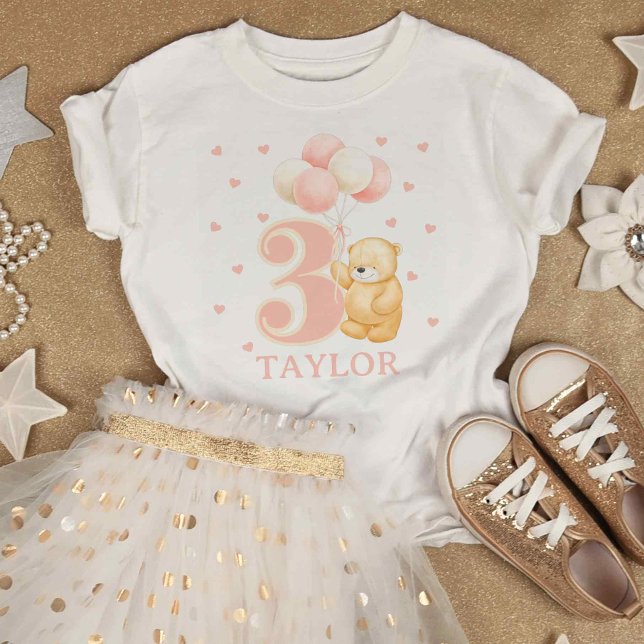Camiseta de tres cumpleaños con el nombre Globos r (cute birthday t-shirt for 3 year old girl, fun t-shirt with number 3, Pink Teddy bear and balloons)