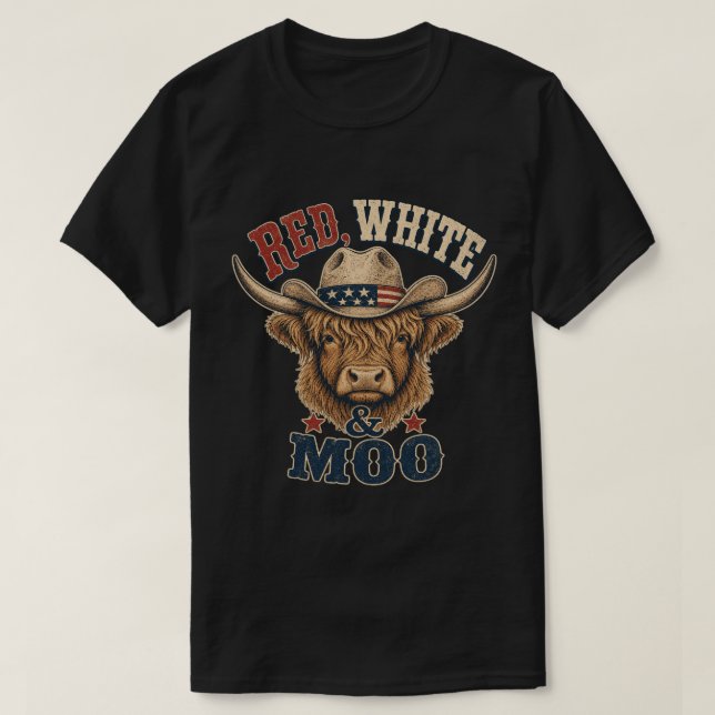 Camiseta de vaca Highland Red, White & Moo (Diseño del anverso)