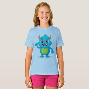Camiseta de verano para niñas, monstruo azul alegr