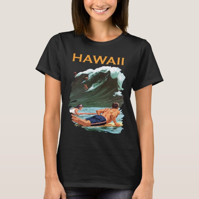 Camiseta de viaje retro de surfista de olas de Haw (Anverso)