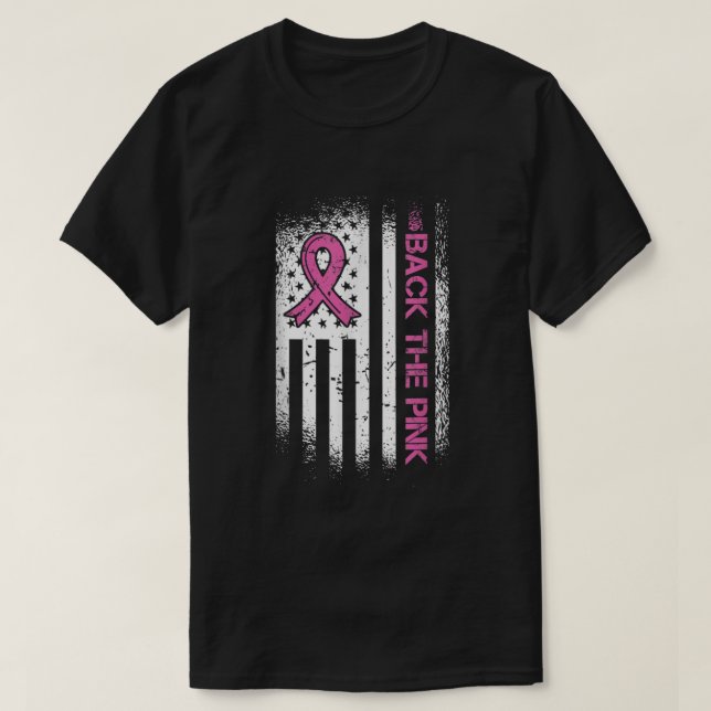 Camiseta De vuelta a la cinta rosa Bandera Americana Cáncer (Diseño del anverso)