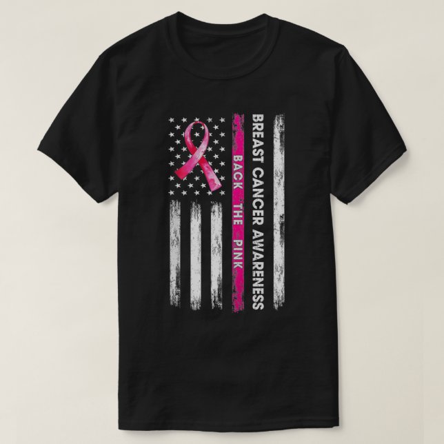Camiseta De vuelta a la cinta rosa Bandera Americana Cáncer (Diseño del anverso)