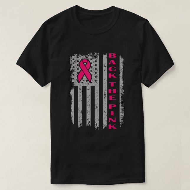 Camiseta De vuelta a la cinta rosa Bandera Americana Cáncer (Diseño del anverso)