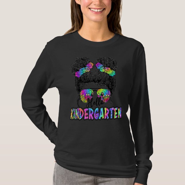 Camiseta De Vuelta Al Colegio Messy Kid Bun Hello Kindergar (Anverso)