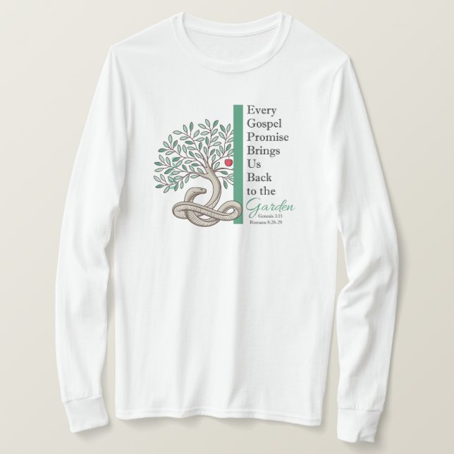 Camiseta DE VUELTA AL JARDÍN Gospel Blanco Largo (Anverso del diseño)