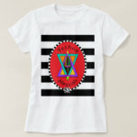 Camiseta de Yeshua Messiah<br><div class="desc">Las audaces rayas negras y blancas y el ovalado de este llamativo tee son atractivos telón de fondo para una menorah de color arcoiris y una estrella de David que anuncia "Yeshua Messiah". En la parte posterior del tee se muestra una menorah alta dentro de un marco marcado en blanco...</div>