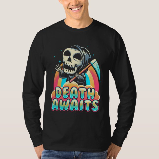 Camiseta Death Awaits Grim Reaper Scythe Rainbow (Anverso)