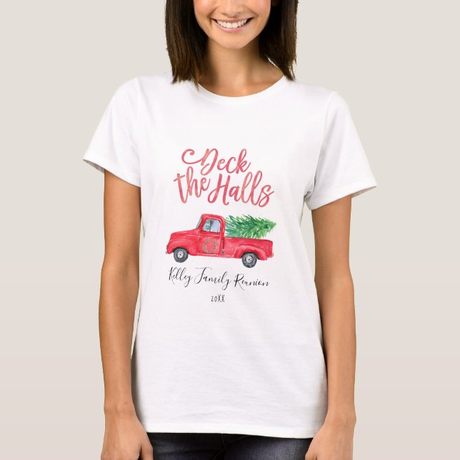 Camiseta Deck the Halls Watercolor Retro Red Truck Holiday (Anverso)