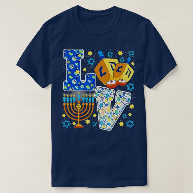 Camiseta Decoraciones de Cute LOVE Hanukkah Dreidel Menorah (Diseño del anverso)