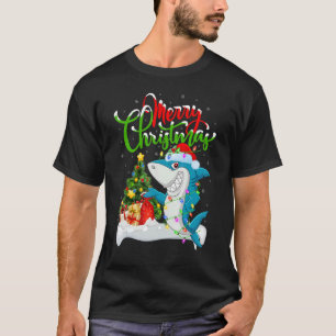 Camiseta Decoraciones navideñas del tiburón azul Santa Blue