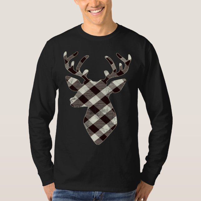 Camiseta Deer Head  Retro White Buffalo Plaid Christmas (Anverso)