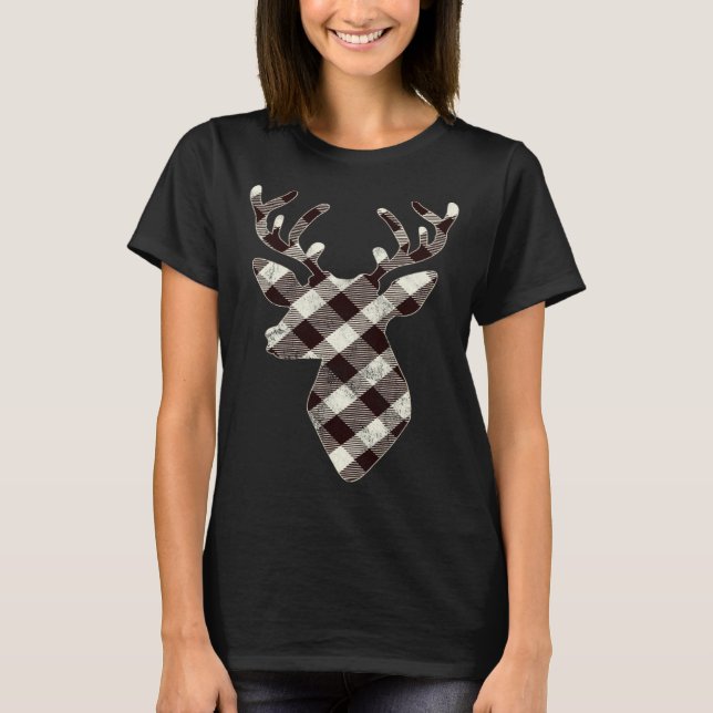 Camiseta Deer Head  Retro White Buffalo Plaid Christmas (Anverso)