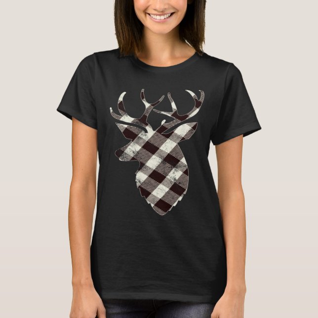 Camiseta Deer Head Silhouette  White Buffalo Plaid Christma (Anverso)