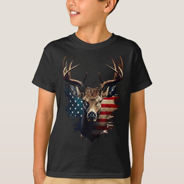 Camiseta Deer Hunting American Flag Whitetail Buck Antlers  (Anverso)