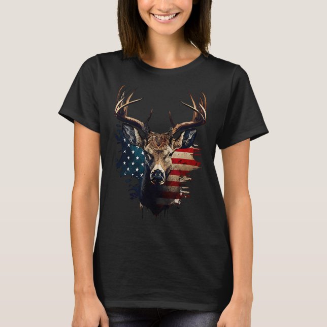 Camiseta Deer Hunting American Flag Whitetail Buck Antlers  (Anverso)
