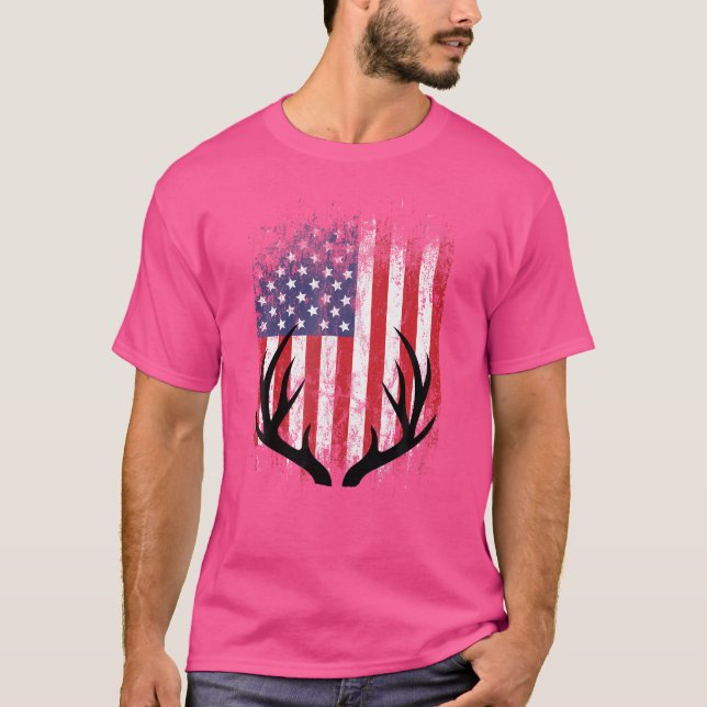 Camiseta Deer Hunting American Flag Whitetail Buck Antlers (Anverso)
