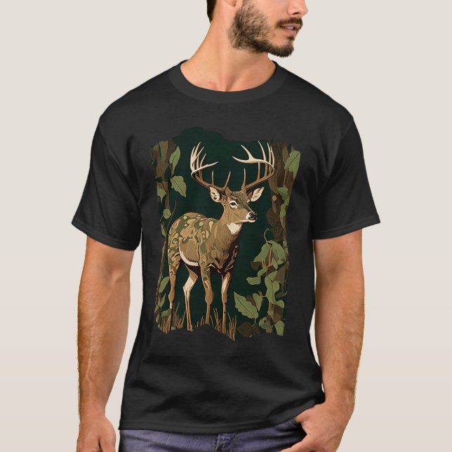 Camiseta Deer Hunting Green Brown Camo Camouflage Artwork   (Anverso)