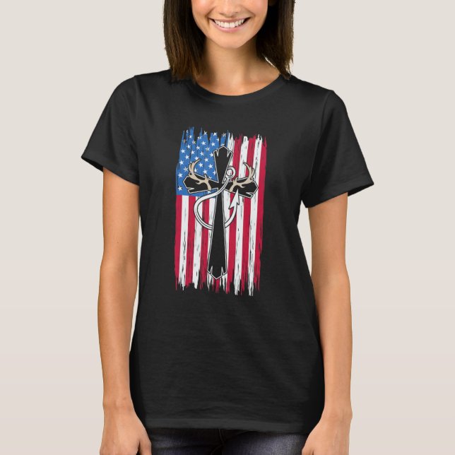 Camiseta Deer Hunting Hunter  Us Flag Deer Hunting & Fishin (Anverso)
