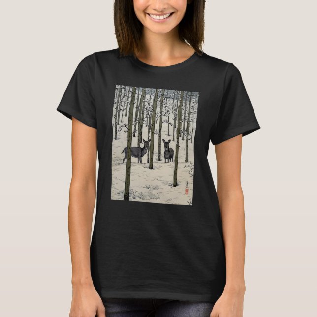Camiseta Deer Nara Forest Snow Winter Aspen Japanese Ukiyo  (Anverso)