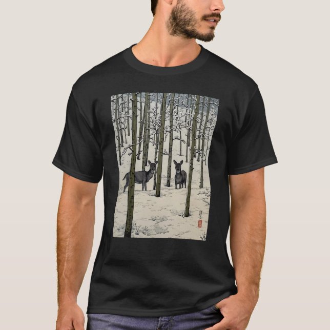 Camiseta Deer Nara Forest Snow Winter Aspen Japanese Ukiyo  (Anverso)