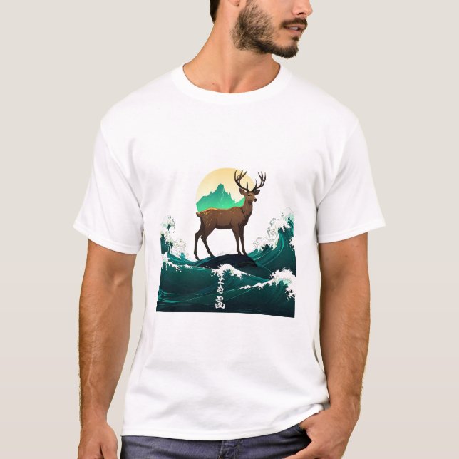Camiseta Deer Wave Art - Ukiyo-e Moonlight Design (Anverso)