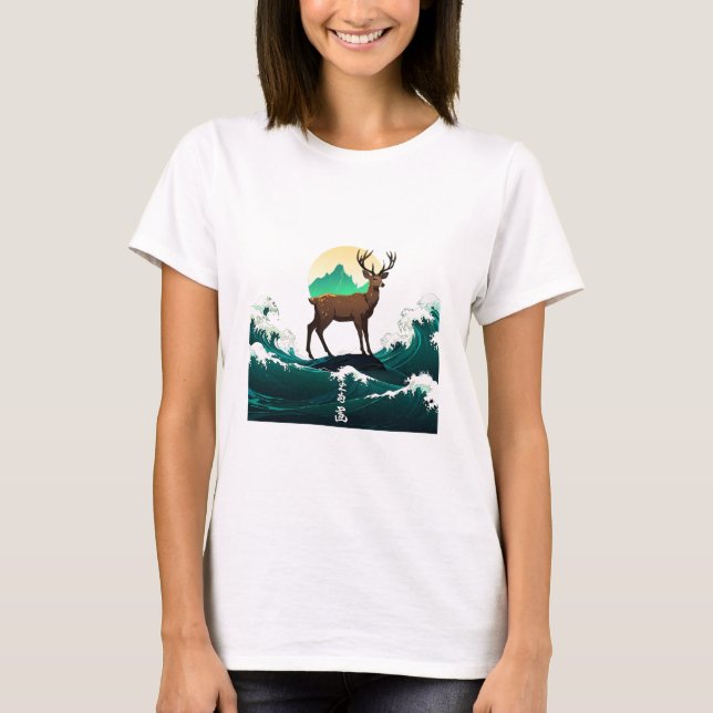 Camiseta Deer Wave Art - Ukiyo-e Moonlight Design (Anverso)