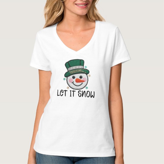 Camiseta Deja que nieve, muñeco de nieve de ganchillo falso (Anverso)