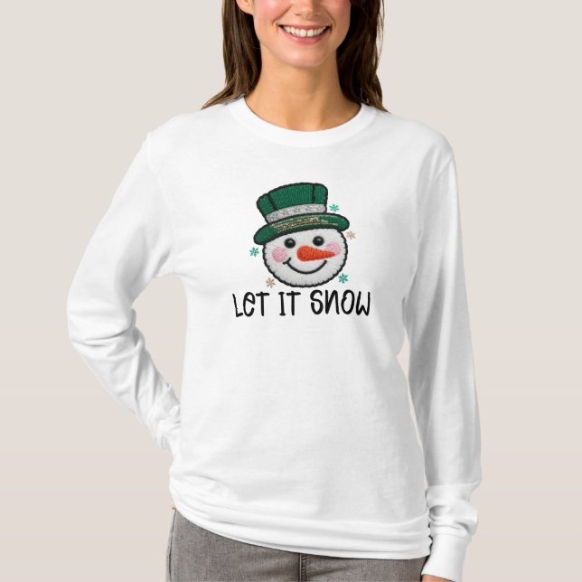Camiseta Deja que nieve, muñeco de nieve de ganchillo falso (Anverso)