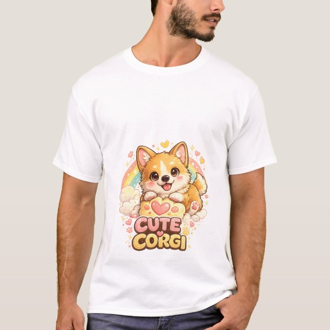 Camiseta del arcoíris de adorable cachorro Corgi – (Anverso)